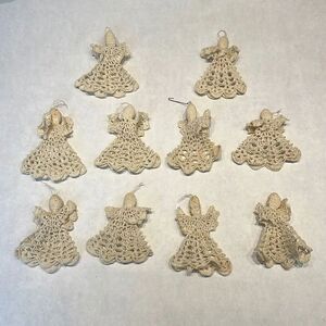 Vtg Angel Ornament Starched Crochet Cream Beige Off White Set Lot 10 Crocheted